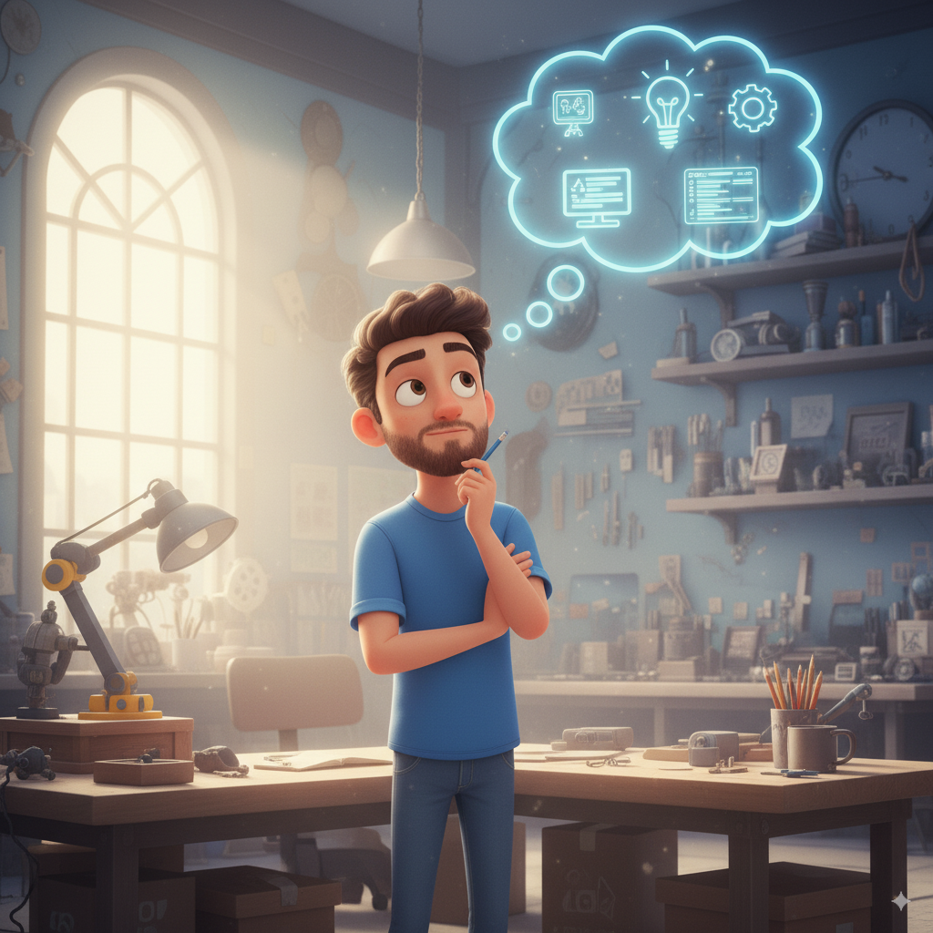 Thoughtful developer in workshop environment contemplating digital solutions with innovative thinking and problem-solving mindset