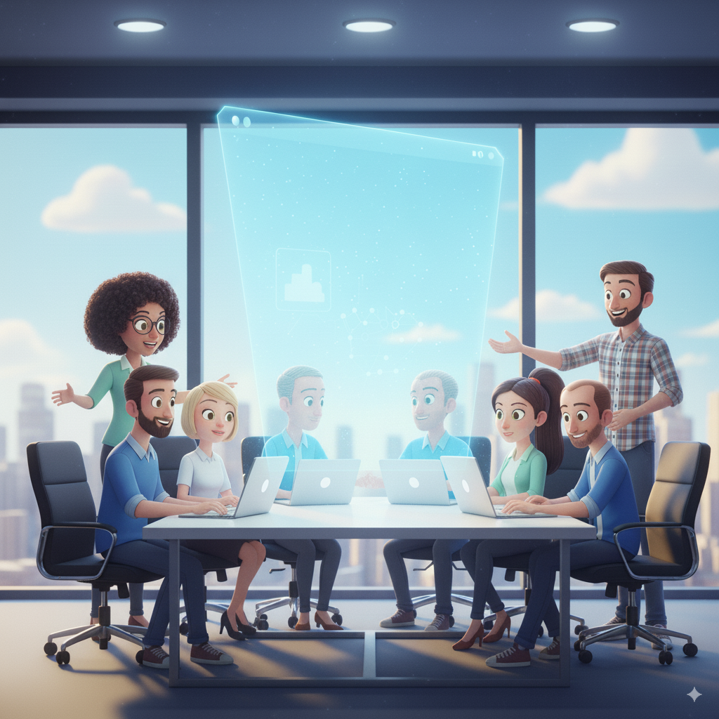 Diverse team of business professionals collaborating in a modern office with holographic displays and digital analytics